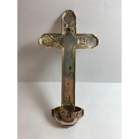 Holy Water Font Cross Brass 2-Tone Metal Christianity Vintage Catholic - Picture 5 of 7